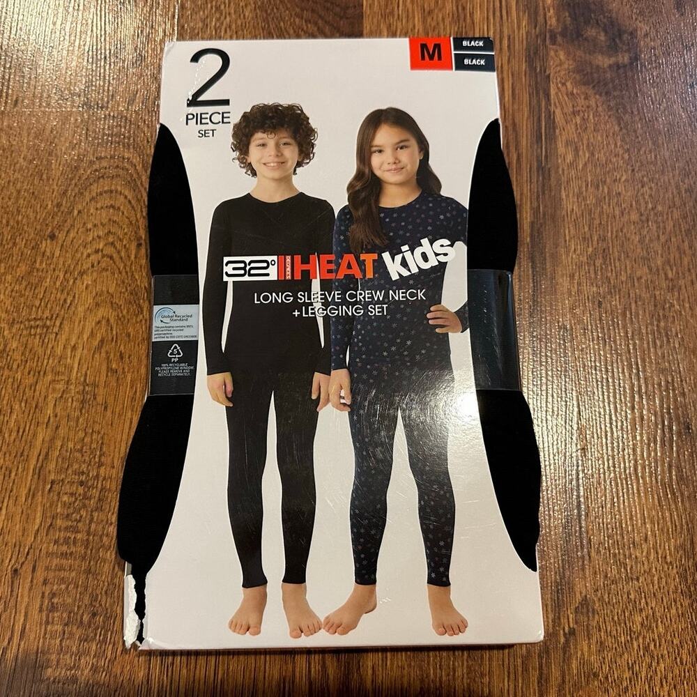 32 Degrees Heat Kids Base Layer Set Medium 8/10 Black Crew & Leggings NWT
